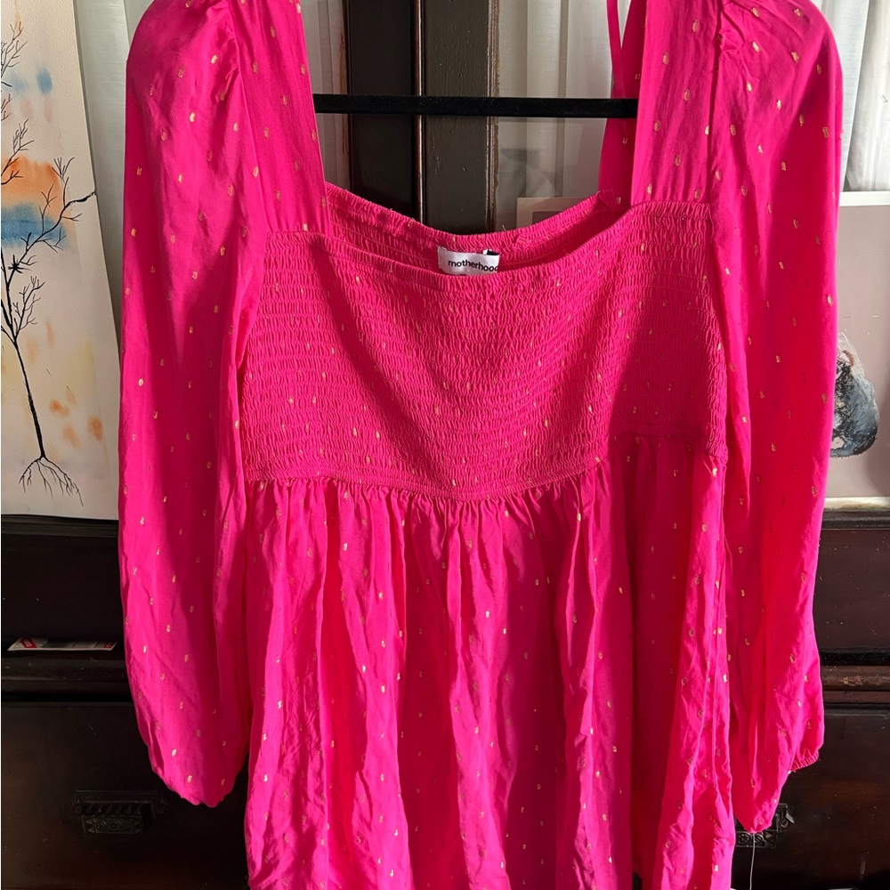 Motherhood Maternity Hot Pink Smocked Square-Neck Blouse with Gold Dot Accents